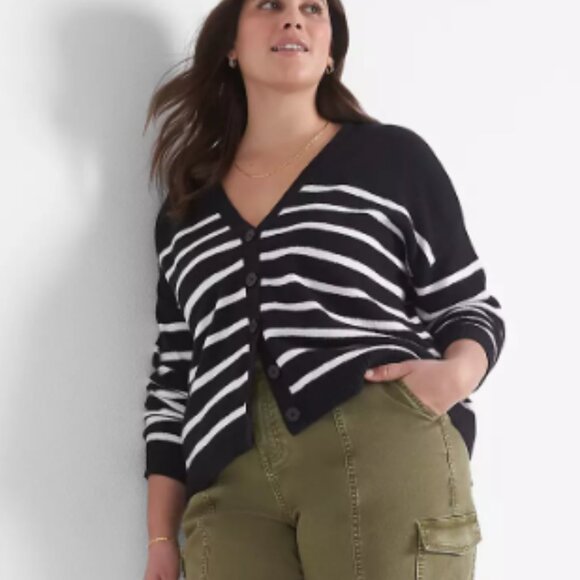 Striped Crew-Neck Cardigan | 26/28 | Black and White - Picture 1 of 5